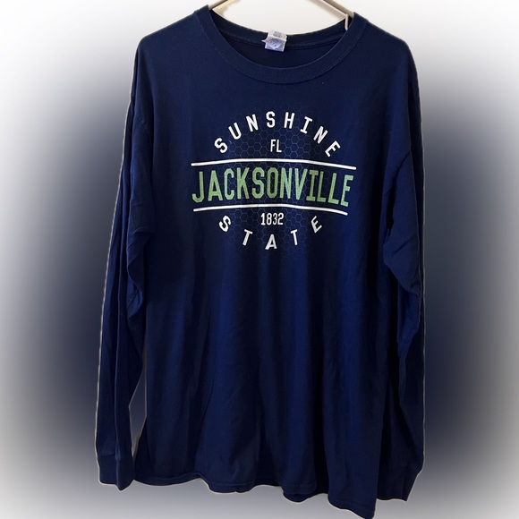 Gildan Navy and Green Sunshine State Jacksonville FL Long Sleeve Tee A - Picture 1 of 4